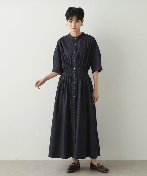 ウエストシャーリング シャツワンピース【洗濯機洗い可 ウエストシャーリング シャツワンピース【洗濯機洗い可