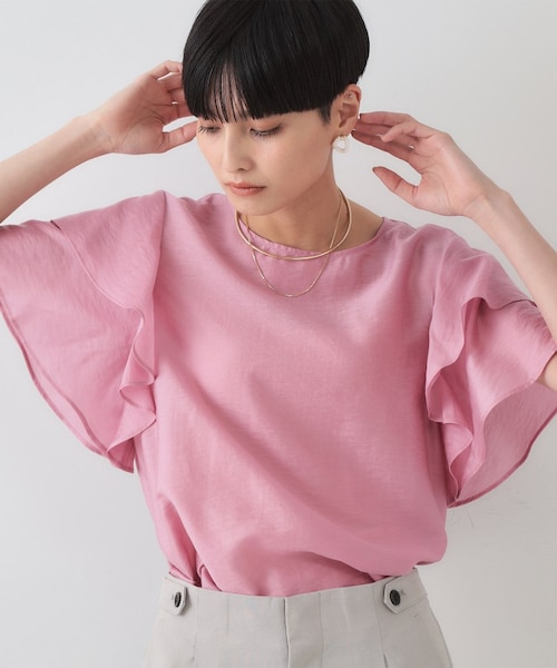 美品＊エブール ベルスリーブブラウス 36 くすみピンク 長袖 コットン 日本製 セール】 【小さいサイズ】コットンサッカーフレアスリーブ