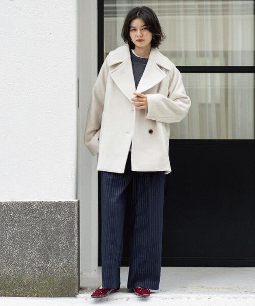 タグ付き！オペークドットクリップ　ウールカシミヤブレンド ミドル丈ピーコート カシミヤブレンドウールミドルピーコート｜オペーク ドット