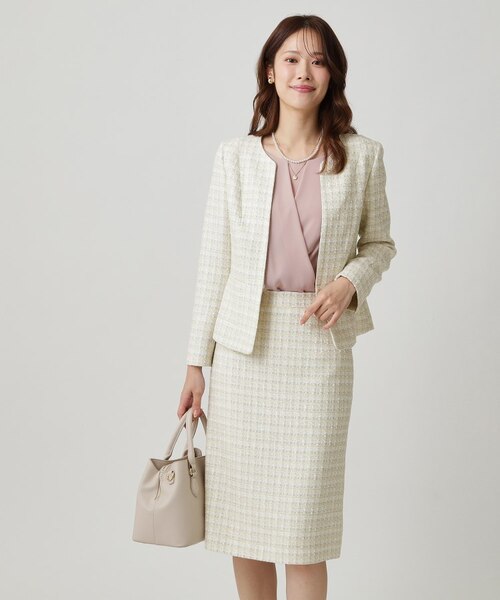 日本製／セットアップ可】ファンシーツィードのノーカラージャケット