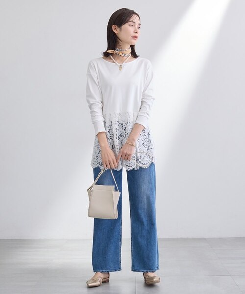 洗える／レイヤードにおすすめ】レース切り替えカットソー