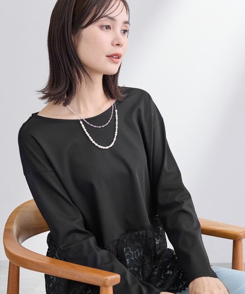 洗える／レイヤードにおすすめ】レース切り替えカットソー