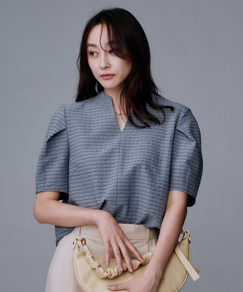 ■Mfil ジプシーサップふくれスリーブ布ブラウス Vネック ブルー 38 美品 超美品Mfil ジプシーサップふくれスリーブ布ブラウス Vネック