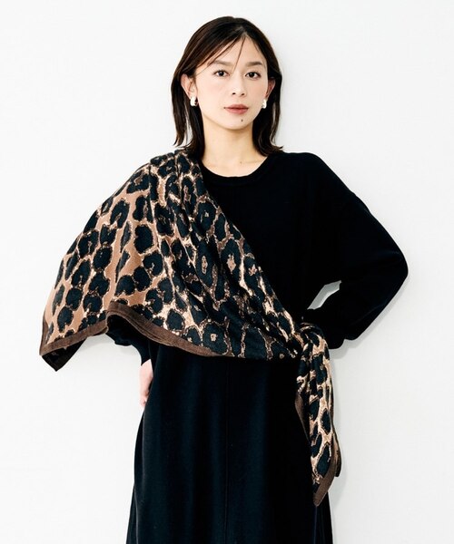 manipuri】120×120正方形 レオパードベグウールシルクストール｜アン
