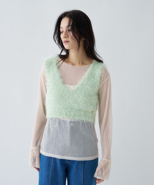 ラメ襟 ボールチェーン モラビトプルミエ 美品 レーヨンニットフェザーポンチョ cloenc | 手洗い可】ラメフェザーニットビスチェ（ベスト） トップス