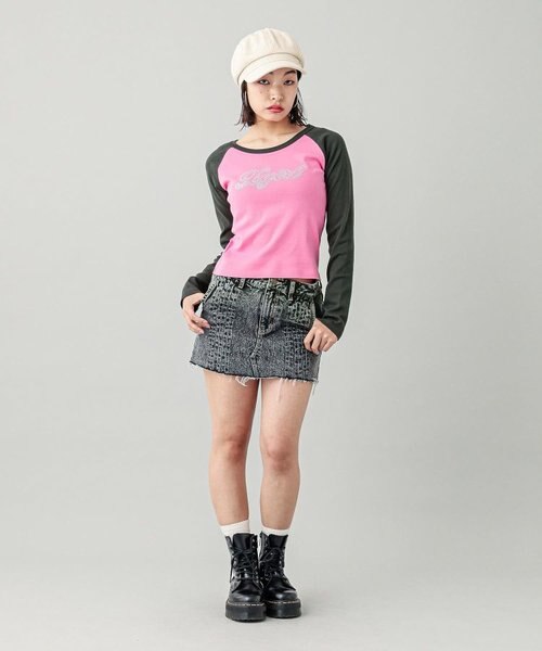 RHINESTONE SCRIPT LOGO L/S RAGLAN BABY TEE｜エックスガールの