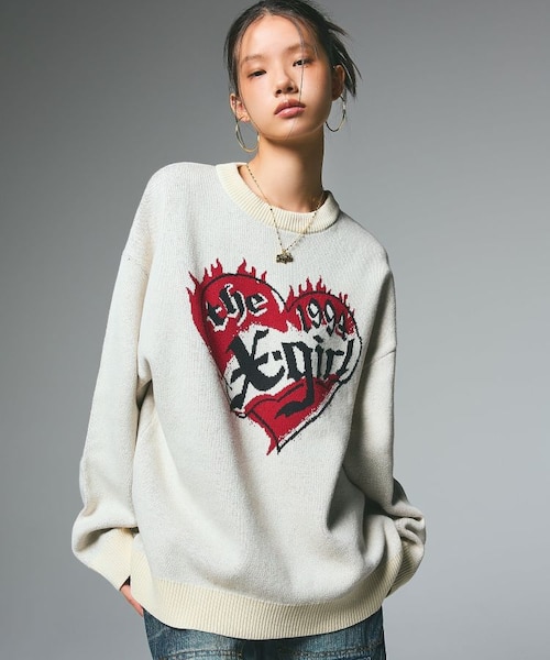 ♡ページ HEART LOGO JACQUARD KNIT TOP｜エックスガールの通販｜&mall