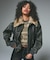 EMBOSSED LOGO PATCH DISTRESSED FAUX LEATHER JACKET