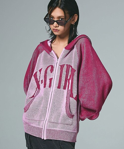 LOGO JACQUARD ZIP UP KNIT HOODIE｜エックスガールの通販｜&mall