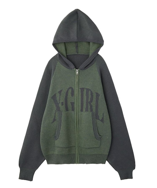LOGO JACQUARD ZIP UP KNIT HOODIE｜エックスガールの通販｜&mall