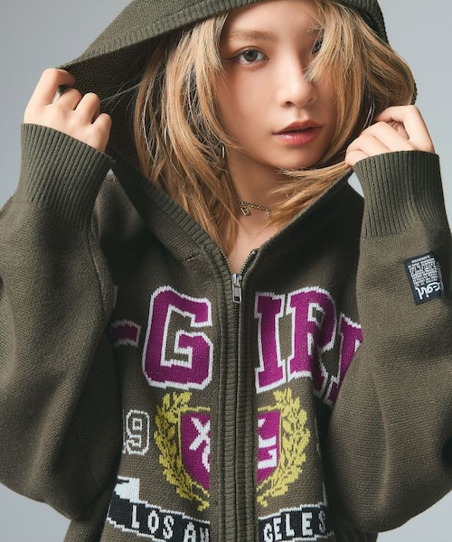 COLLEGE LOGO JACQUARD ZIP UP KNIT HOODIE｜エックスガールの通販
