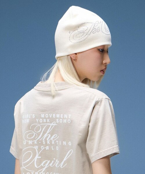 RHINESTONE DECORATIVE SCRIPT LOGO BEANIE｜エックスガールの通販