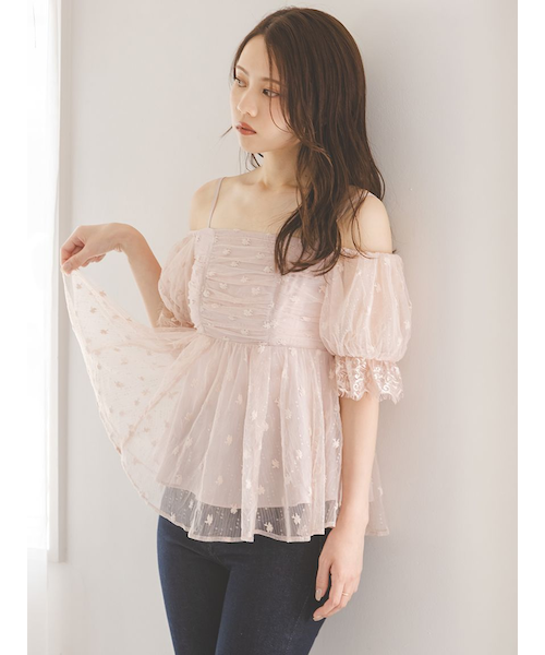 New 新品未使用 UNRELISH スナイデル風 チュニック パール付き 大きいサイズ Rin パールデザイン カットジョーゼット トップス