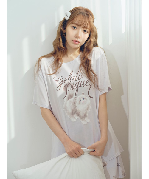 ジェラートピケ　Cat柄ワンポイントTシャツ＆ショートパンツ　アイボリー gelato pique｜【ONLINE限定】CAT柄ワンポイントTシャツ