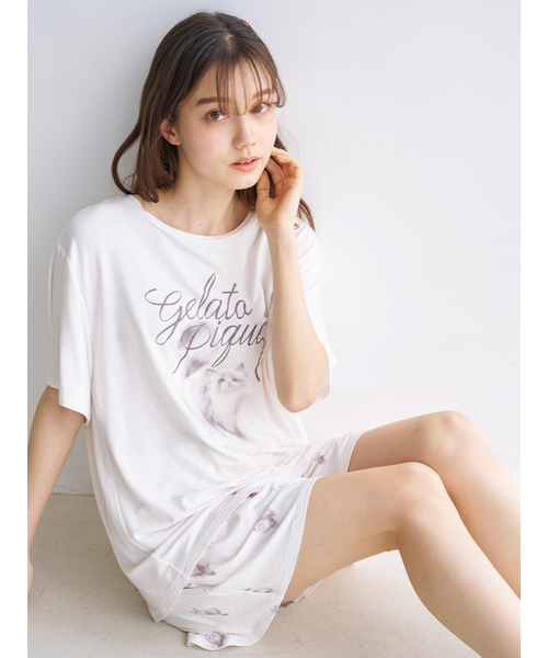 【新品】ジェラートピケ Cat柄ワンポイントTシャツ＆ロングパンツ アイボリー ONLINE限定】【HOMME】sleeping cat ワンポイントTシャツ＆総柄