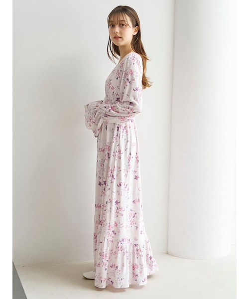 ジェラートピケ　チューリップ柄長袖ワンピース　ロングドレス　フラワー ジェラート ピケ「花咲くピンク」のルームウェア、チューリップ