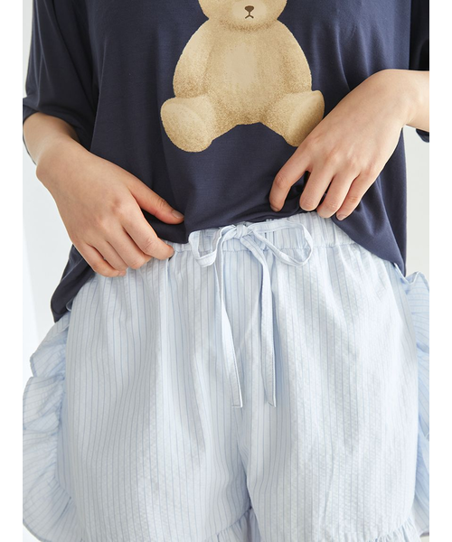 新品未使用【接触冷感】ベアワンポイントTシャツ&ストライプショートパンツ ピンク ONLINE限定】【接触冷感】ベアワンポイントTシャツ&ストライプ