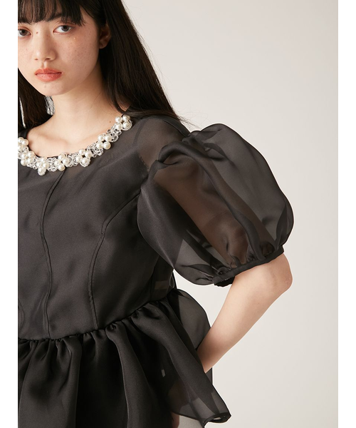 LILY BROWN ビジューオーガンペプラムトップス L.B CANDY STOCK]ビジューオーガンペプラムトップス(トップス