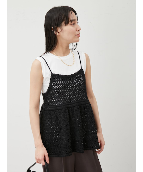 ウォッシャブル】クロシェニットキャミ×ノースリトップス｜ミラ