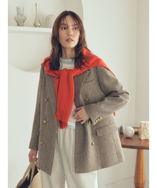 チェック金釦ダブルブレストロングブレザー｜ミラオーウェンの通販