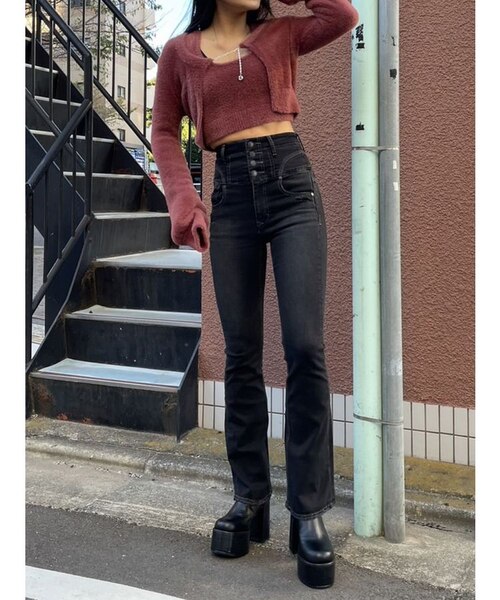 エモダ ハイウエスト フレアパギンス デニム S EMODA ジーンズ デニム デニムパンツ サイドオープンハイ