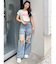 ハイウエストThighs cutデザインダメージワイドデニムパンツ