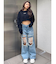ハイウエストThighs cutデザインダメージワイドデニムパンツ