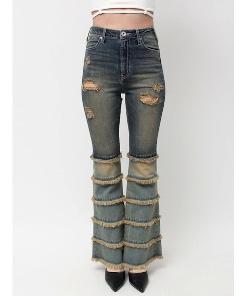 ハイウエストTIERED FRINGEフレアデニムパンツ ハイウエストTIERED FRINGEフレアデニムパンツ｜ジェイダの通販