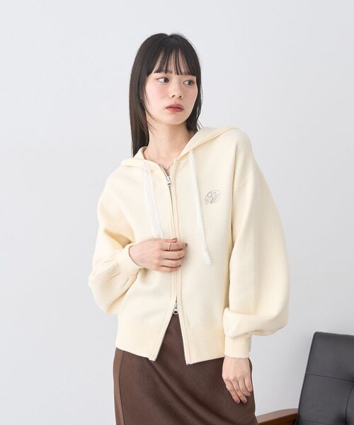 ルネ リブニットダブルジップパーカー ピンク XSロゴプレート