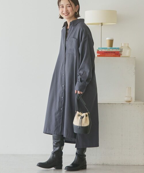 Americana ⿻ スリット ロング シャツワンピース ロゴ 白 ルーズ earth_eco_loco ワンピース 長袖 aライン レディース シャツ