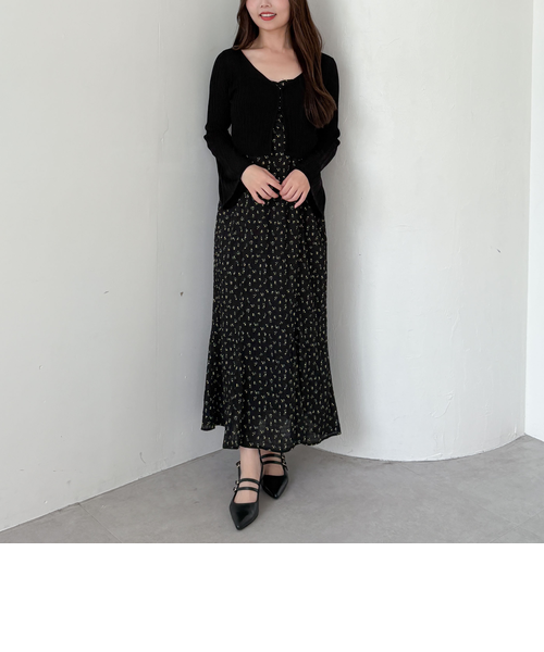【イートミー】ワンピース 透かしモヘアカーディガンセット シアーリブニット シアーリブニットカーディガン×花柄キャミワンピースSET