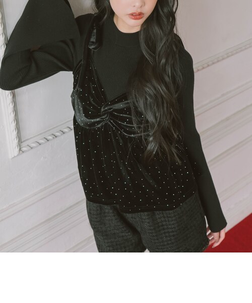 ラインストーンベロアビスチェ×フレアリブニットSET｜アルシーヴの