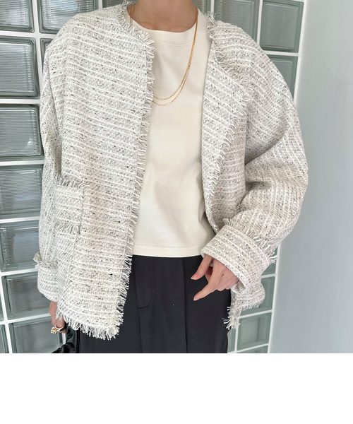 ドルマンスリーブツイードノーカラージャケット/アイボリー（ストッキング付） ドルマンスリーブツイードノーカラージャケット(F WHITE/BLACK