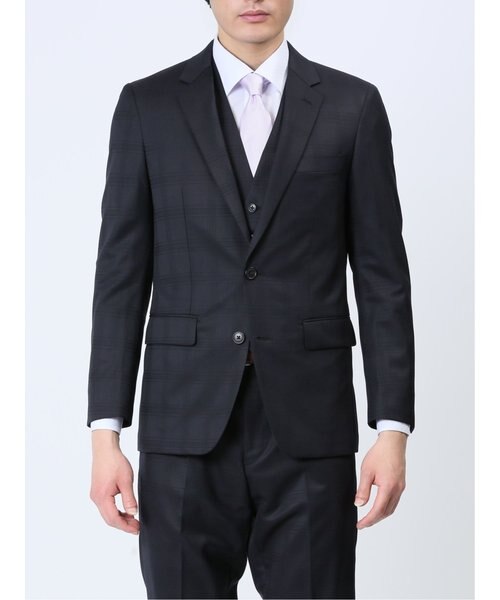 光沢ウール混 スリムフィット 2ボタン3ピーススーツ シャドーチェック