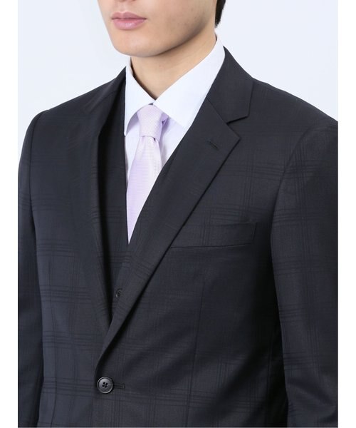 光沢ウール混 スリムフィット 2ボタン3ピーススーツ シャドーチェック