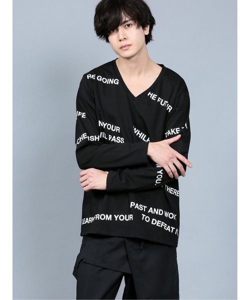 シェラック/SHELLAC ロゴプリントVネック長袖Tシャツ