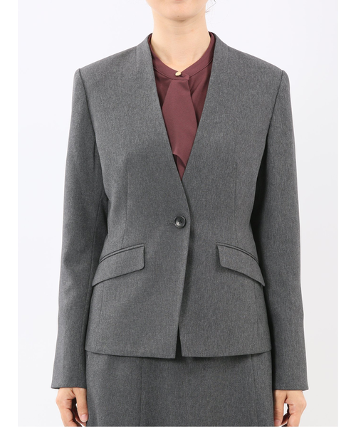 ストレッチウォッシャブル ウール調 ノーカラージャケット グレー