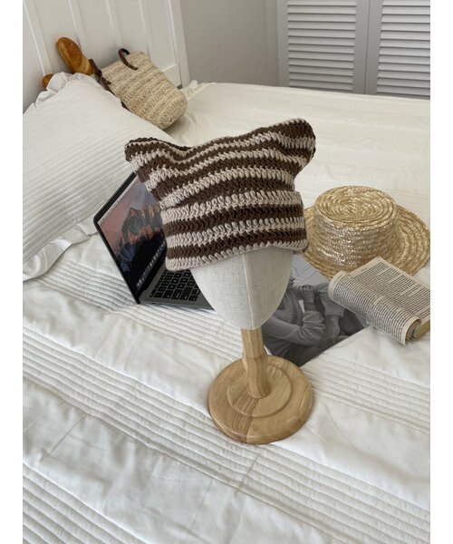 猫耳 Y2K ボーダー ニットキャップ スクエアワッチ ニット帽