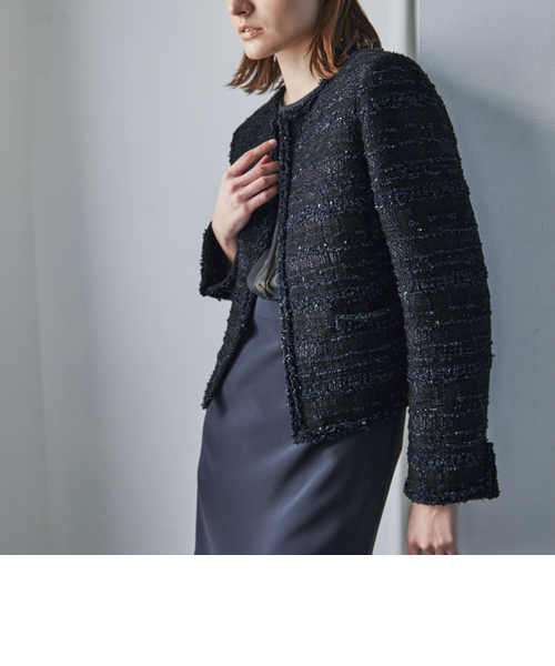 エポカ　未使用品　ツイード　チェック　ノーカラー　サイズ40(L) エポカ 未使用品 ツイード チェック ノーカラー サイズ40(L)