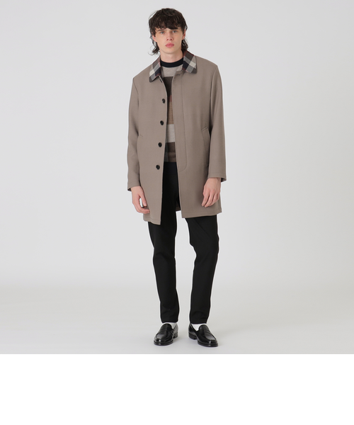 ダブルフェイスクレストブリッジチェックステンカラーコート｜ブルー