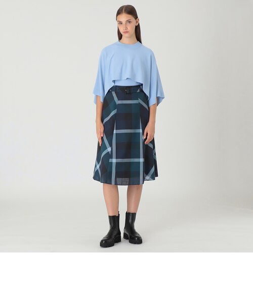 クレストブリッジチェックウールポリエステルフレアスカート｜ブルー