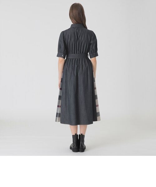 デニムライクパーシャルチェックドレス｜ブルーレーベルブラック