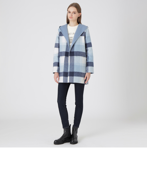 クレストブリッジチェックリバーポリウールコーディガン｜ブルー