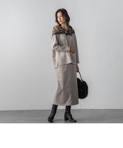 WEB限定】スエードVネックストレッチカットソー≪セットアップ対応