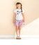 【お揃い】天竺花柄チェックパッチパフスリーブ半袖Tシャツ(80~130cm)