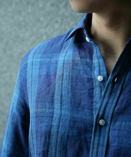 メンズビギ（MEN’S BIGI）/【WEB限定】インディゴ染めチェック柄リネン7分袖シャツ WEB限定】インディゴ染めチェック柄リネン7分袖シャツ｜メンズビギの