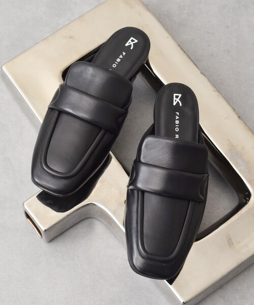 c*e様 【美品】FABIO RUSCONI レザー オープントゥ ミュール FABIO RUSCONI】スクエアトウフラットミュールローファー(F52307