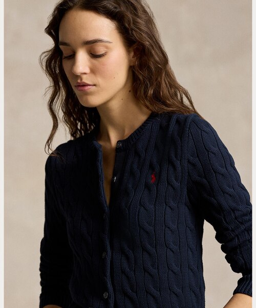 ［ラルフローレン］90s クルーネックカーディガン リブフリル M ポロ ラルフ ローレン POLO RALPH LAUREN ケーブルニット