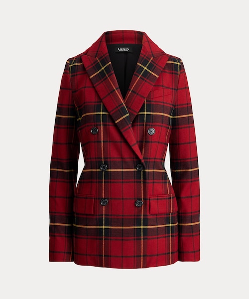 チェック ダブルブレステッド ウールブレンド ブレザー