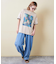 32/-OE天竺 花柄 メッシュ 袖切替 グラフィック Tシャツ